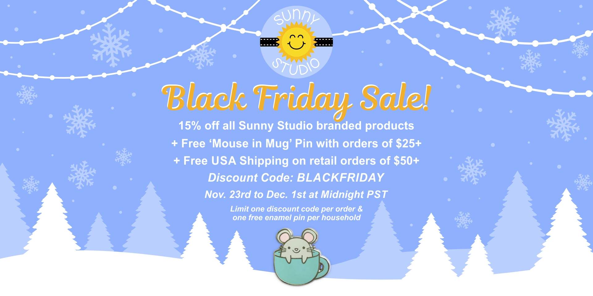Save 15% on Sunny Studio Products, Free Mouse In Mug Pin of $25+ orders &  Free USA Shipping on $50+ retail orders using code: BLACKFRIDAY
