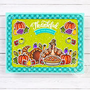 Sunny Studio Aqua Gingham Fall Turkey & Cornucopia Harvest Feast Thanksgiving Card using Bountiful Autumn Clear Craft Stamps
