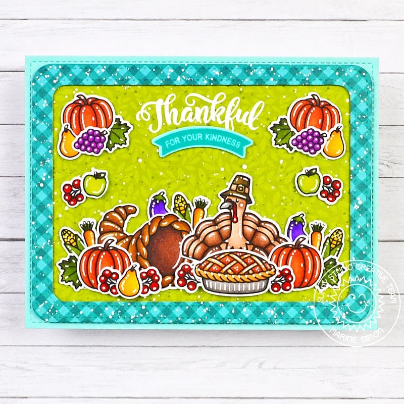 Sunny Studio Aqua Gingham Fall Turkey & Cornucopia Harvest Feast Thanksgiving Card using Bountiful Autumn Clear Craft Stamps