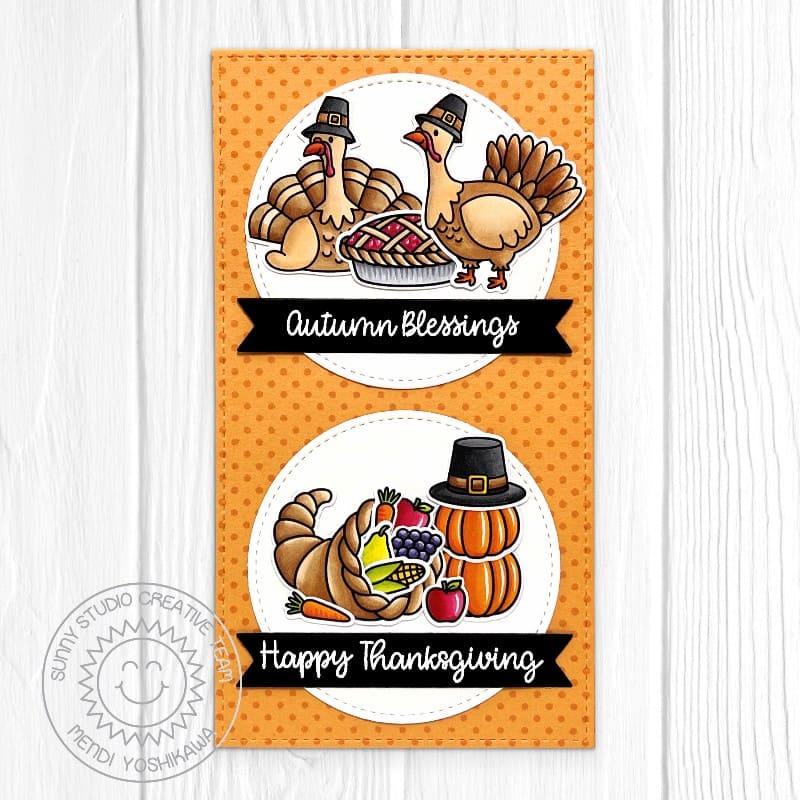 Sunny Studio Fall Turkeys Autumn Blessings Mini Slimline Thanksgiving Card using Bountiful Autumn 4x6 Clear Craft Stamps