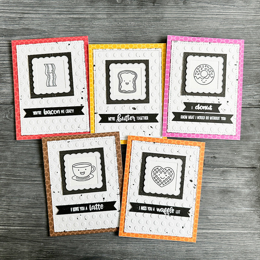 Sunny Studio Stamps Punny Breakfast Clean & Simple CAS Polka-dot Embossed Card Set using Lots of Dots 6x6 Embossing Folder