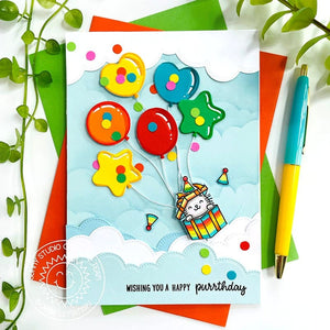 Sunny Studio Cat Floating with Rainbow Balloons in Gift Box & Clouds Birthday Card using Bright Balloons Metal Cutting Dies