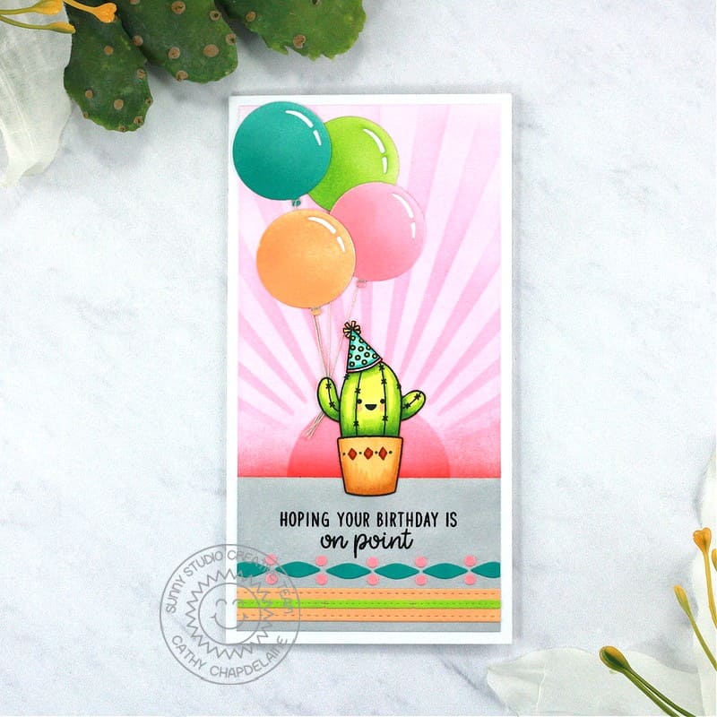 Sunny Studio Hoping Your Birthday is On Point Catcus with Balloons Slimline Card (using Looking Sharp 3x4 Clear Stamps)