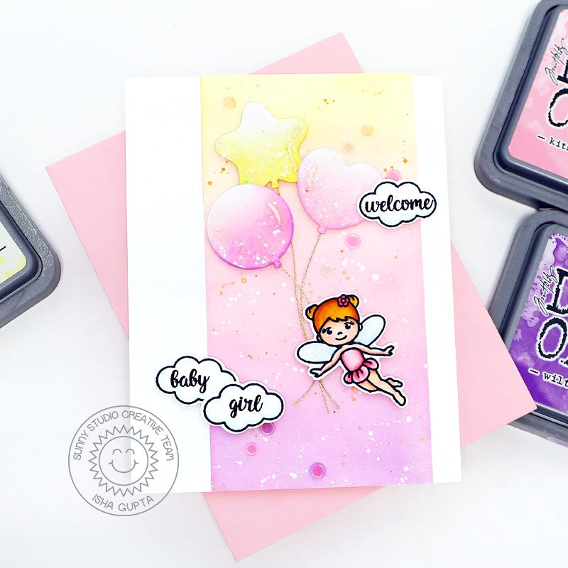 Sunny Studio Stamps Fairy with Pink & Yellow Pastel Balloons Baby Girl Card by Isha using Bright Balloon Metal Cutting Dies