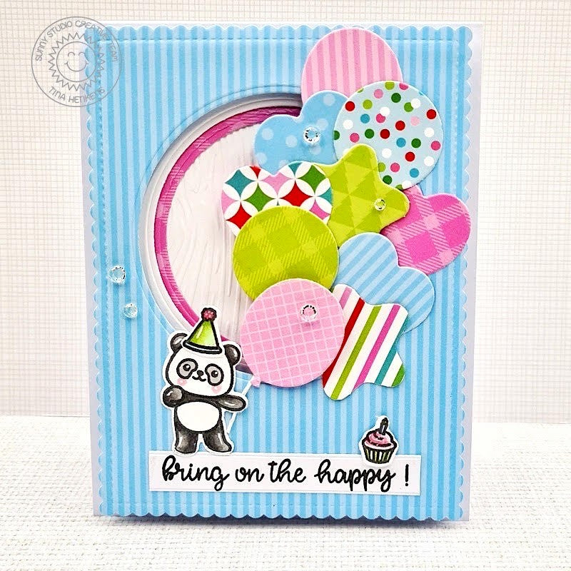 Sunny Studio Stamps Panda Bear Holding Balloon Bouquet Scalloped Birthday Card (using Bright Balloons Metal Cutting Dies)