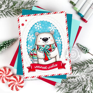 Sunny Studio Polar Bear Holding Gift with Scalloped Oval Frame & Snowflakes Christmas Card using Holiday Hugs Clear Stamps