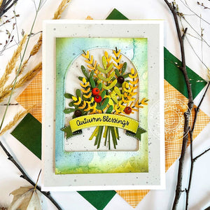 Sunny Studio Stamps Autumn Blessings Fall Harvest Leaves & Sprigs Bouquet Card (using Stitched Arch Metal Cutting Dies)