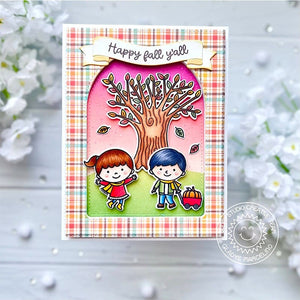 Sunny Studio Stamps Kids Playing Outside with Fall Tree Plaid Autumn Card (using Brilliant Banner 1 Metal Cutting Dies)