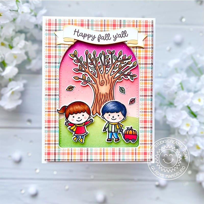 Sunny Studio Happy Fall Y'all Kids Playing Outside with Tree & Falling Leaves Plaid Autumn Card using Fall Kiddos Clear Stamps