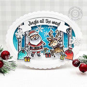 Sunny Studio Santa Claus Scalloped Oval Shaped Holiday Christmas Card using Reindeer Games Clear Stamps
