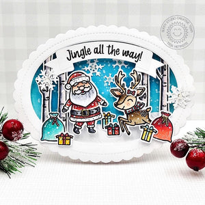 Sunny Studio Santa Claus Scalloped Oval Shaped Holiday Christmas Card using Reindeer Games Clear Stamps