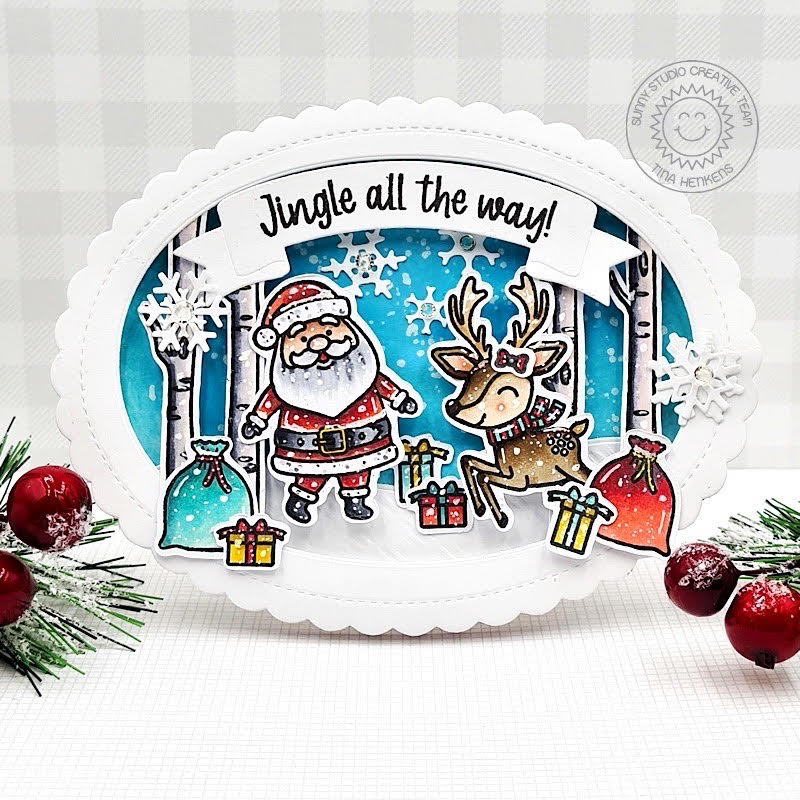 Sunny Studio Stamps Santa Claus & Reindeer Scalloped Oval Holiday Christmas Card using Brilliant Banner 1 Metal Cutting Dies