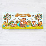 Sunny Studio Stamps Cozy Greetings Fall Foxes, Pumpkins & Autumn Trees Slimline Card using Brilliant Banner 1 Cutting Dies