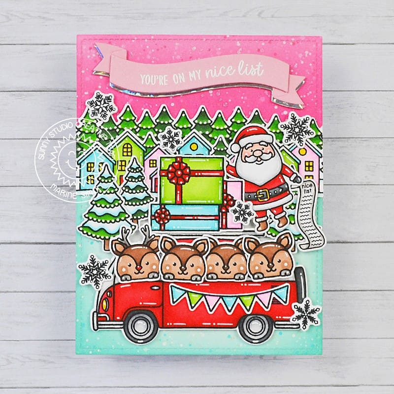 Sunny Studio Stamps Santa Claus & Reindeer in VW Bus Holiday Christmas Card using Brilliant Banner 3 Metal Cutting Craft Dies