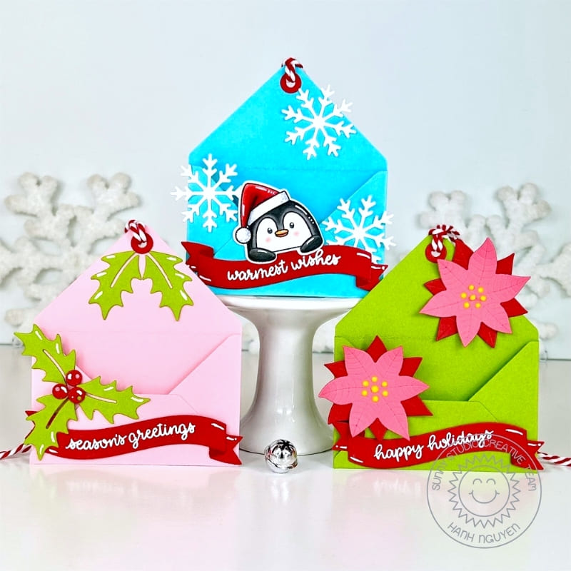 Sunny Studio Stamps Penguin, Snowflake, Holly & Poinsettia Hanging Gift Card Holiday Ornaments using Brilliant Banner 3 Dies