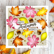 Sunny Studio Stamps Colorful Fall Leaves & Acorns Autumn Wishes Square Card using Brilliant Banner 3 Metal Cutting Craft Dies