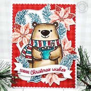 Sunny Studio Bear with Hot Cocoa & Poinsettia Flowers Red Scalloped Christmas Card using Pretty Poinsettia Clear Craft Stamps