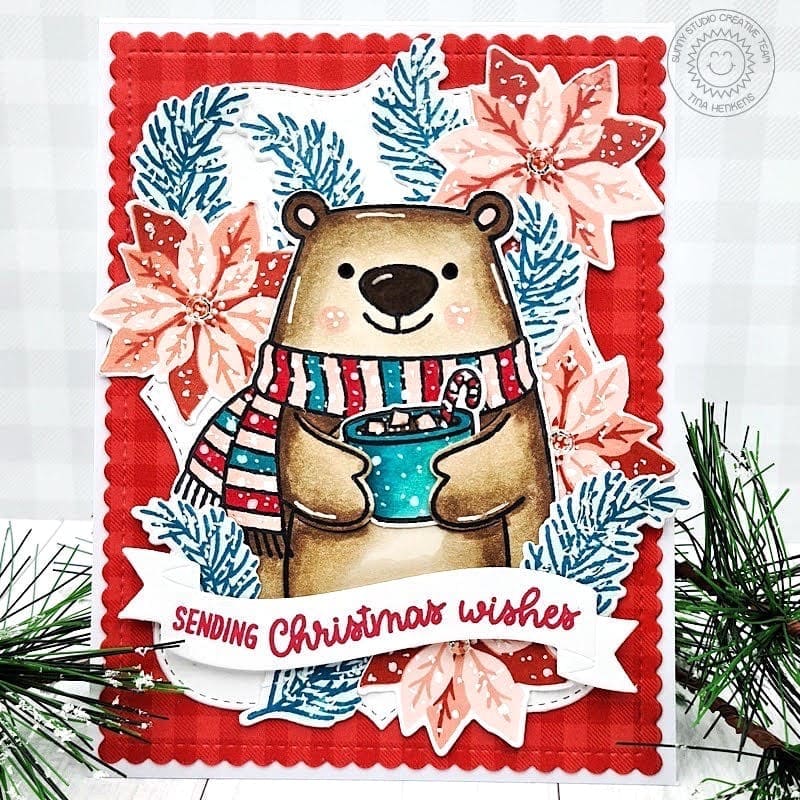 Sunny Studio Large Bear with Hot Cocoa & Poinsettia Flowers Scalloped Christmas Card using Holiday Hugs Clear Craft Stamps