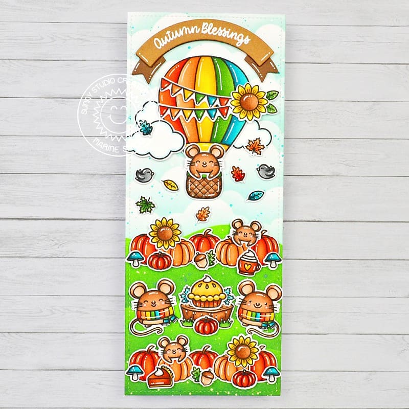 Sunny Studio Mouse, Mice & Fall Pumpkins in Hot Air Balloon Autumn Blessings Slimline Card using Balloon Rides Clear Stamps