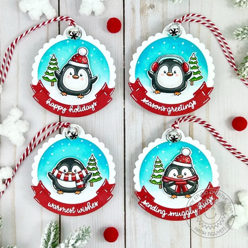 Sunny Studio Penguins Red & White Scalloped Circle Holiday Christmas Gift Tags using Roly Poly Penguin Clear Craft Stamps