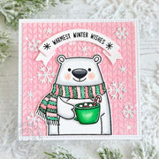 Sunny Studio Stamps Polar Bear with Hot Cocoa & Scarf Pink Embossed Holiday Christmas Card using Stitched Square Craft Dies
