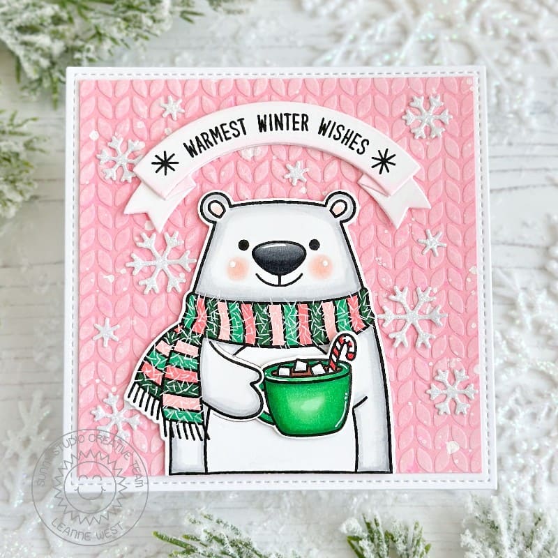 Sunny Studio Stamps Polar Bear with Hot Cocoa & Scarf Pink Embossed Holiday Christmas Card using Stitched Square Craft Dies