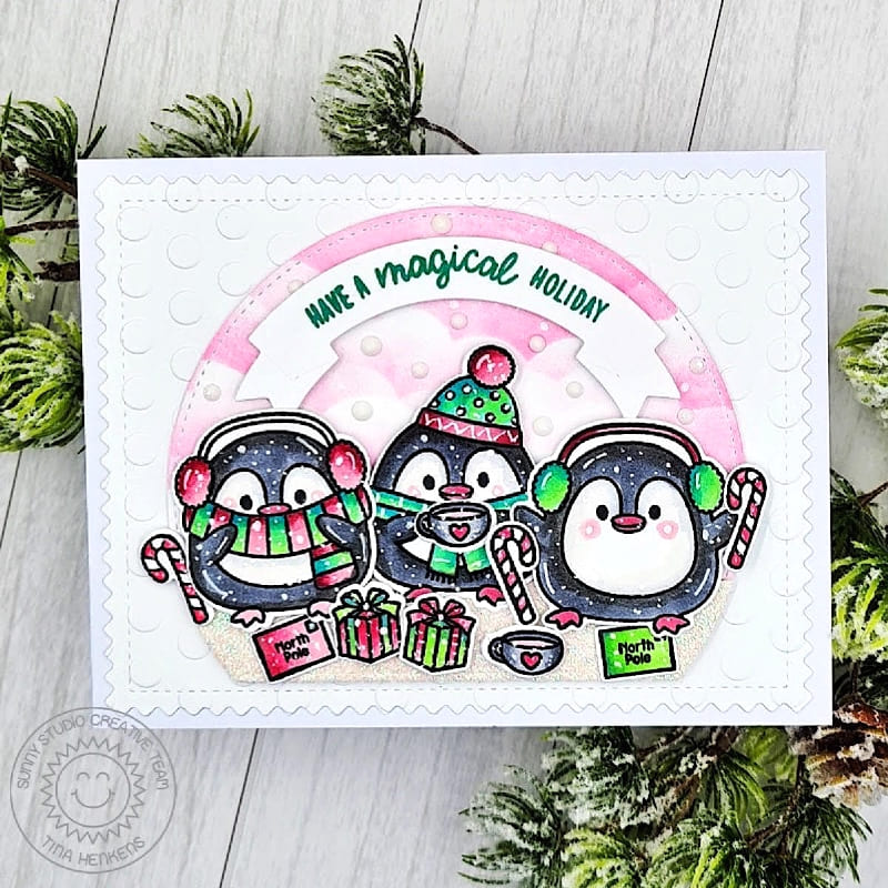 Sunny Studio Penguins Winter Holiday Polka-dot Embossed Christmas Card using Roly Poly Penguins Clear Craft Stamps