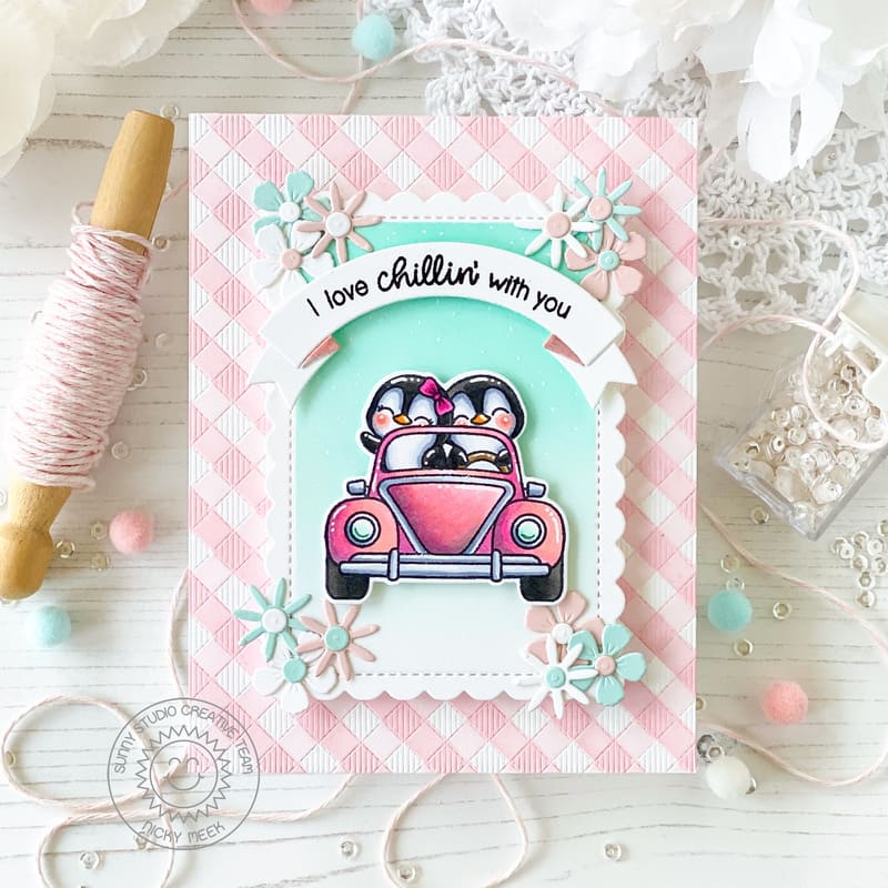 Sunny Studio Stamps "I Love Chillin' With You" Penguins in Car Pink Gingham Card using Mini Mat & Tag 1 Metal Craft Dies