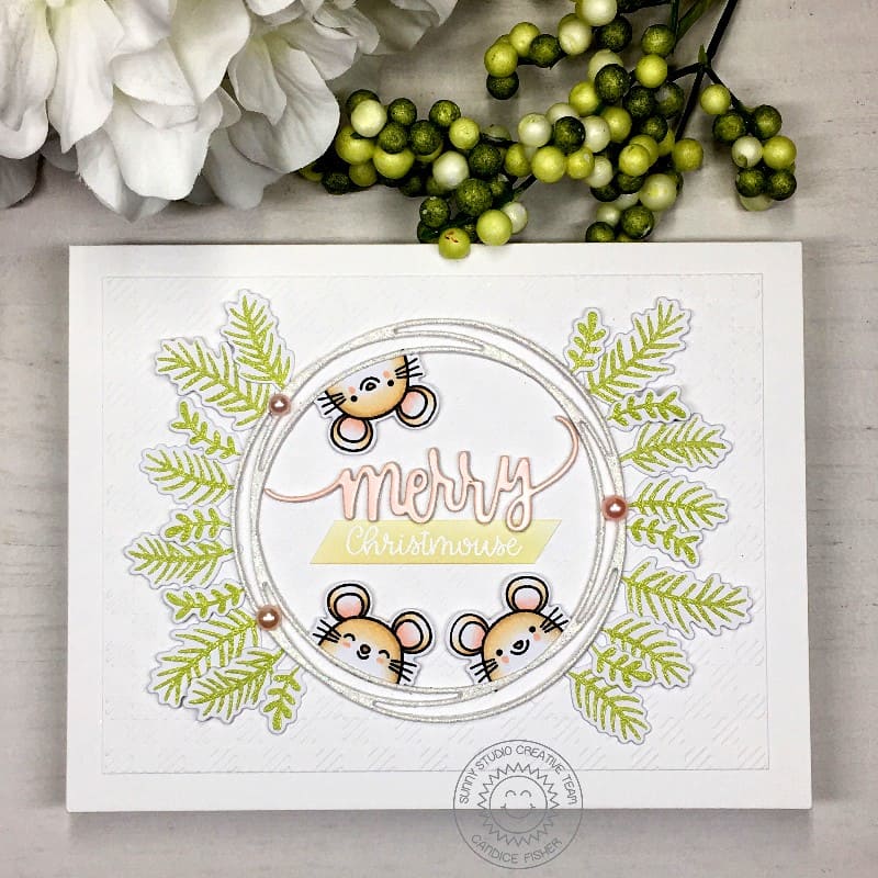 Sunny Studio Merry Christmouse Punny Mouse Holiday Christmas Card using Season's Greetings Stamps & Metal Cutting Craft Dies