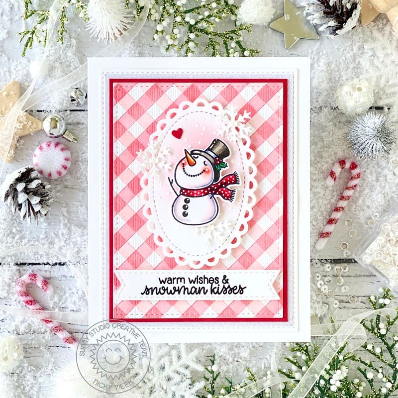 Sunny Studio Pink Gingham Scalloped Oval Snowmen Winter Holiday Christmas Card using Snowman Kisses 3x4 Clear Craft Stamps