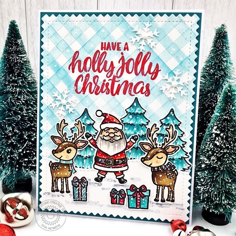 Sunny Studio Aqua Gingham Santa Claus & Reindeer Holly Jolly Christmas Holiday Card using Reindeer Games Clear Craft Stamps