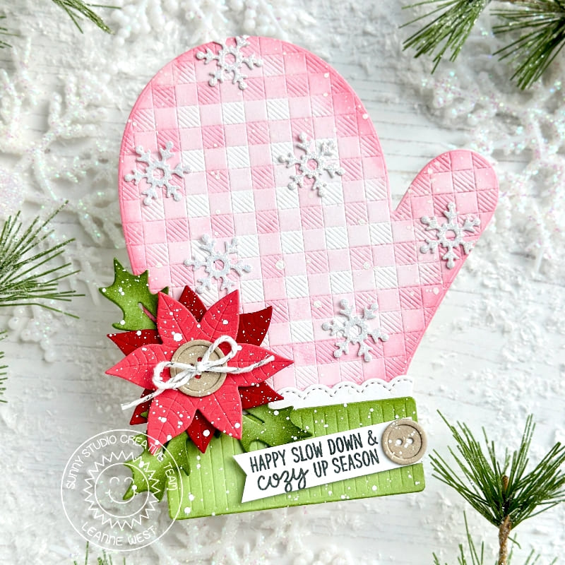 Sunny Studio Stamps Pink Gingham Woolen Mitten Christmas Holiday Card using Buffalo Plaid Straight Background Craft Dies