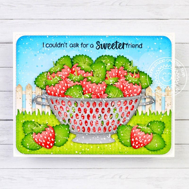 Sunny Studio Stamps Strawberries in Strainer Sweet Friend Summer Card using Strawberry Patch Metal Cutting Craft Dies