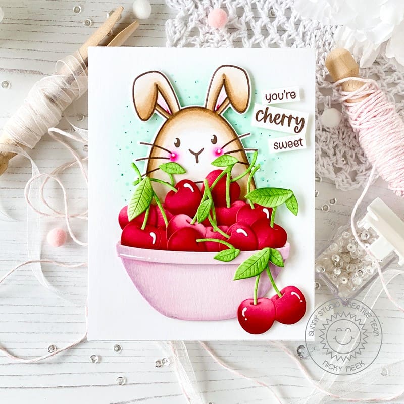 Sunny Studio Stamps Bunny Rabbit with Bowl of Cherries Sweet Summer Card using Wild Cherry Metal Cutting Craft Dies