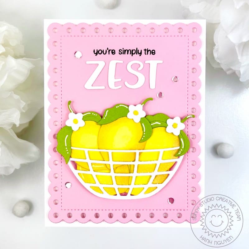 Sunny Studio Stamps You're the Zest Lemons in Strainer Scalloped Summer Card using Frilly Frames Polka-dot Cutting Craft Dies