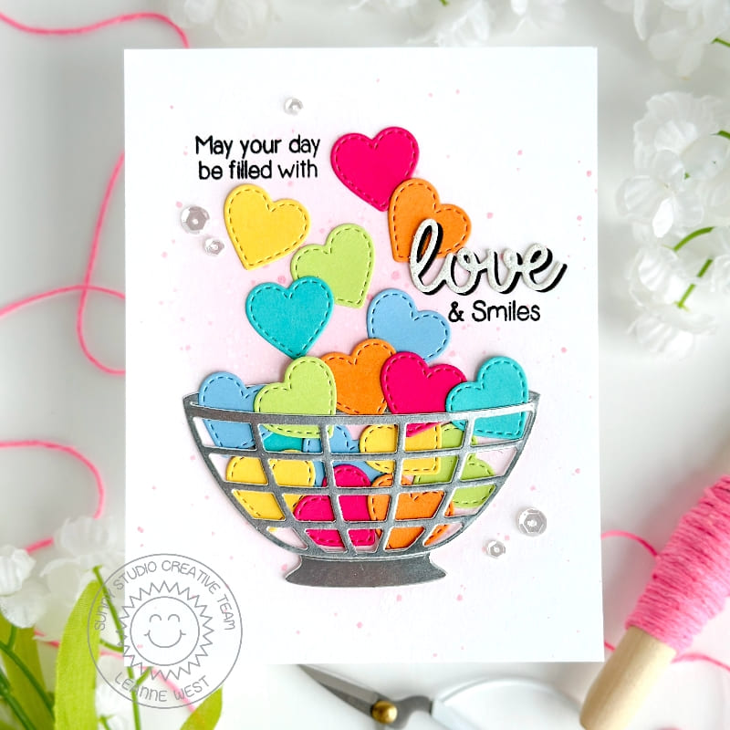 Sunny Studio Basket of Stitched Hearts Day Filled With Love & Smiles Card using Sunny Sentiments Clear Greetings Craft Stamps