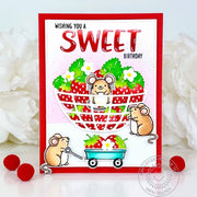 Sunny Studio Strawberries in Strainer Mouse with Wagon Summer Strawberry Birthday Card using Harvest Mice Clear Craft Stamps