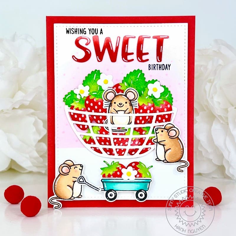 Sunny Studio Strawberries in Strainer Mouse with Wagon Summer Strawberry Birthday Card using Harvest Mice Clear Craft Stamps