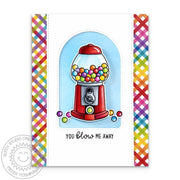 Sunny Studio You Blow Me Away Punny Red Gumball Machine Rainbow Gingham Card using Candy Shoppe 4x6 Clear Craft Stamps