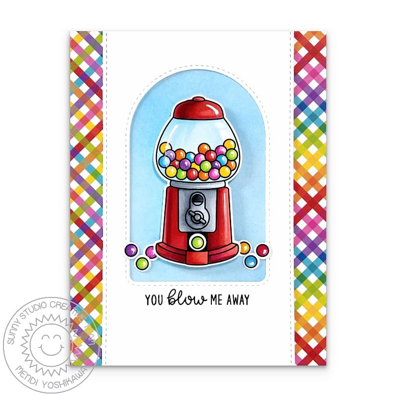 Sunny Studio You Blow Me Away Punny Red Gumball Machine Rainbow Gingham Card using Candy Shoppe 4x6 Clear Craft Stamps