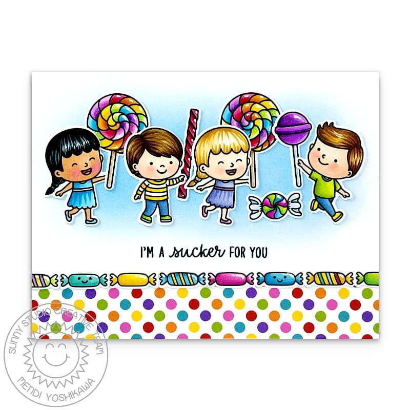 Sunny Studio I'm A Sucker for You Kids with Licorice, Lollipops & Rainbow Suckers Card using Candy Shoppe Clear Craft Stamps