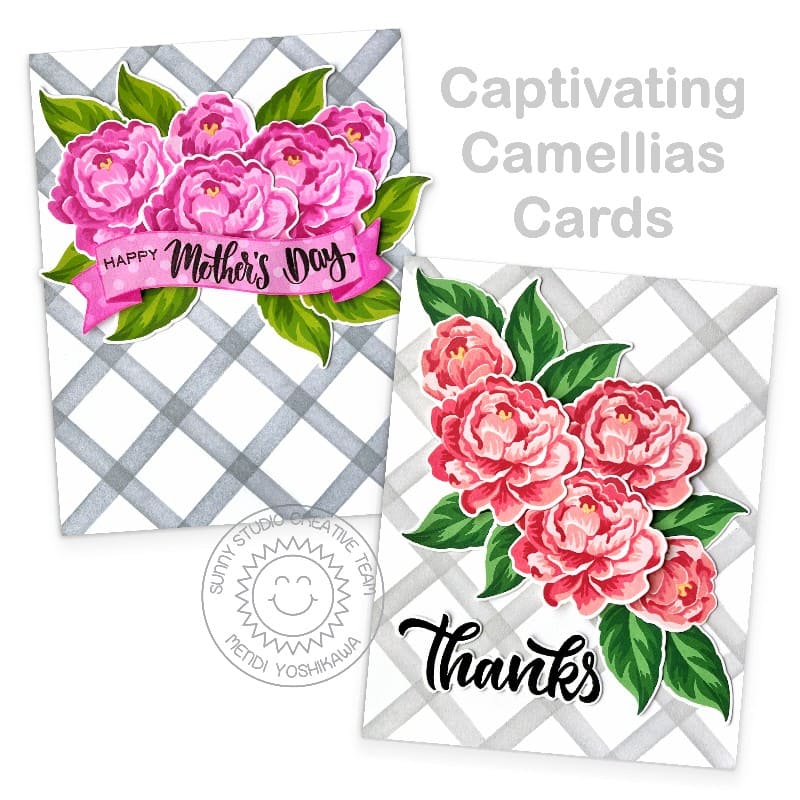 Sunny Studio Peonies Floral Peony Mother's Day & Thank You Cards using Diagonal & Straight Stripes 6x6 Stencils with  Masking