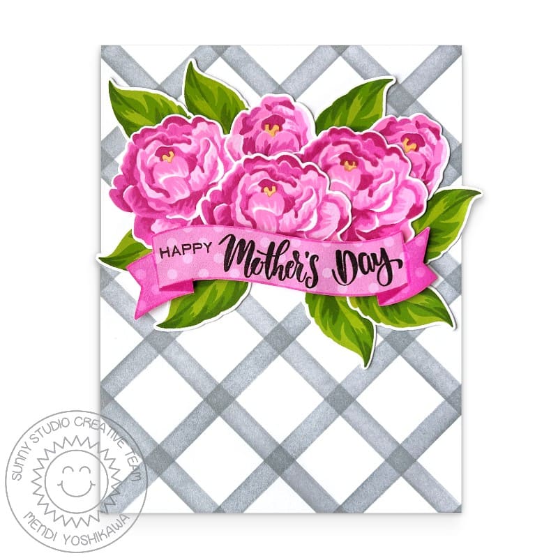 Sunny Studio Grey Diagonal Plaid Checked Floral Peony Flower Mother's Day Card using Pink Peonies 4x6 Clear Craft Stamps