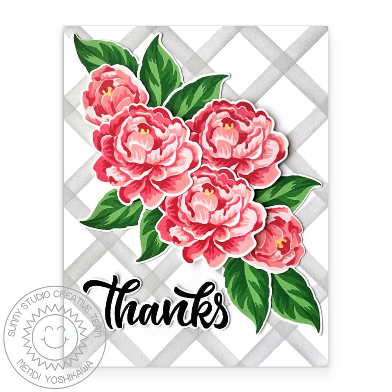Sunny Studio Grey Diagonal Plaid Checked Floral Peony Flower Thanks Thank You Card using Pink Peonies 4x6 Clear Craft Stamps