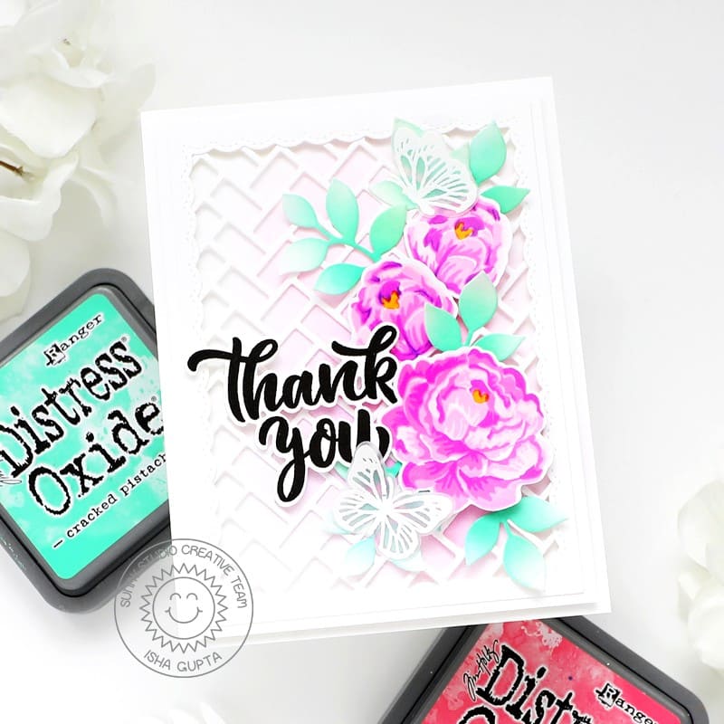 Sunny Studio Stamps Pink & Mint Green Floral Camellia Flowers Thank You Card using Frilly Frames Herringbone Metal Craft Die