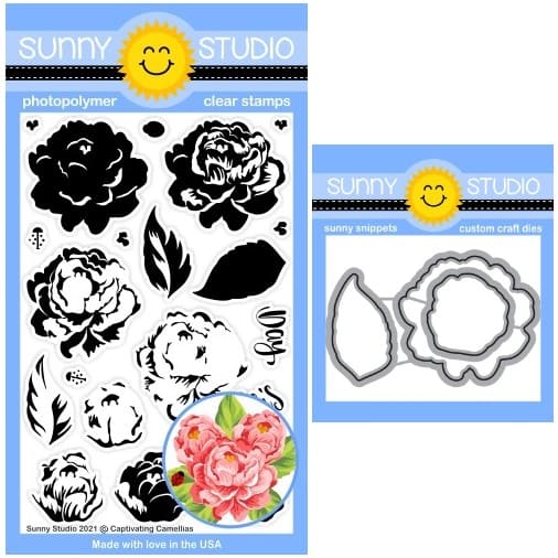 Sunny Studio Captivating Camellias 4x6 Layering Floral Flowers Mother's Day Greeting Clear Stamps & Metal Cutting Craft Dies