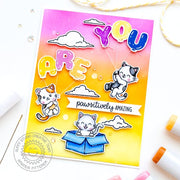 Sunny Studio You Are Pawsitively Amazing Cat Hanging from Balloons Birthday Card using Cat Antics 4x6 Clear Craft Stamps