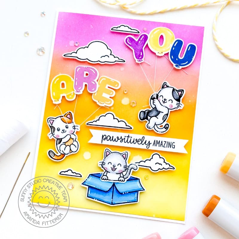 Sunny Studio You Are Pawsitively Amazing Cat Hanging from Balloons Birthday Card using Cat Antics 4x6 Clear Craft Stamps