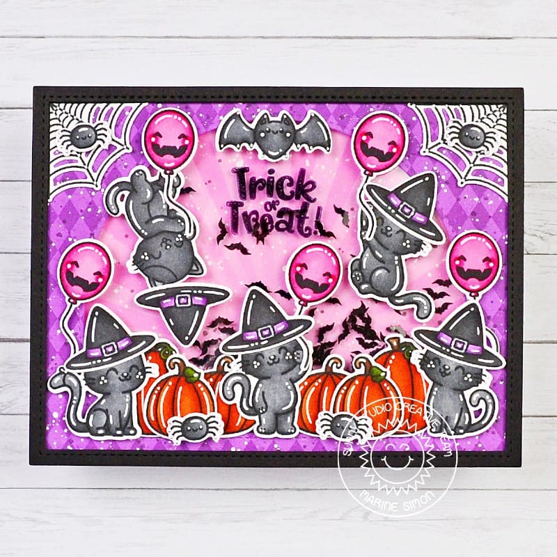 Sunny Studio Trick or Treat Hot Pink & Black Kitty Cat Halloween Handmade DIY Shaker Card using Cat Antics Clear Craft Stamps