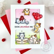 Sunny Studio Punny Cats with Heart Balloons, Yarn, & Box Sending Pawsitive Vibes Card using Cat Antics Clear 4x6 Craft Stamps